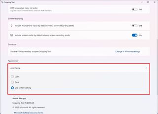 Snipping Tool app theme setting