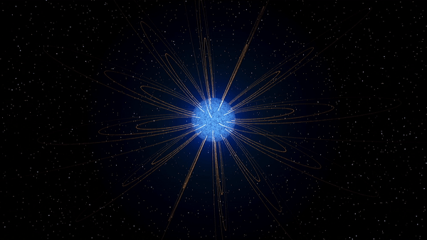 looping lines around a glowing star with two different shades of blue on either hemisphere.
