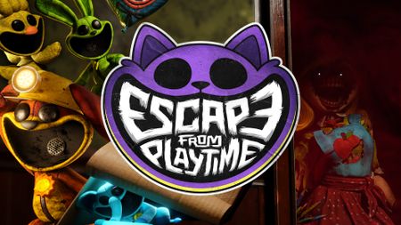 Key art for Escape from Playtime showing the game name inside the grinning mouth of a purple cat while creepy creatures lurk in the background