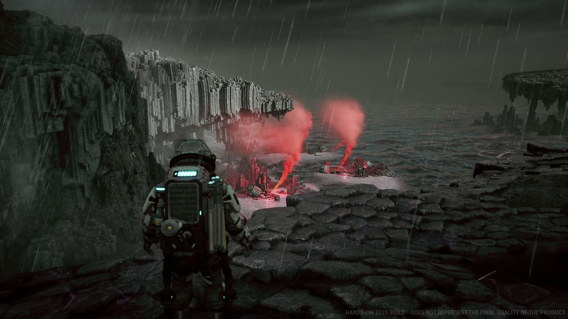 The Alters screenshot of flares deployed next to escape pods containing the dead crew memebers.