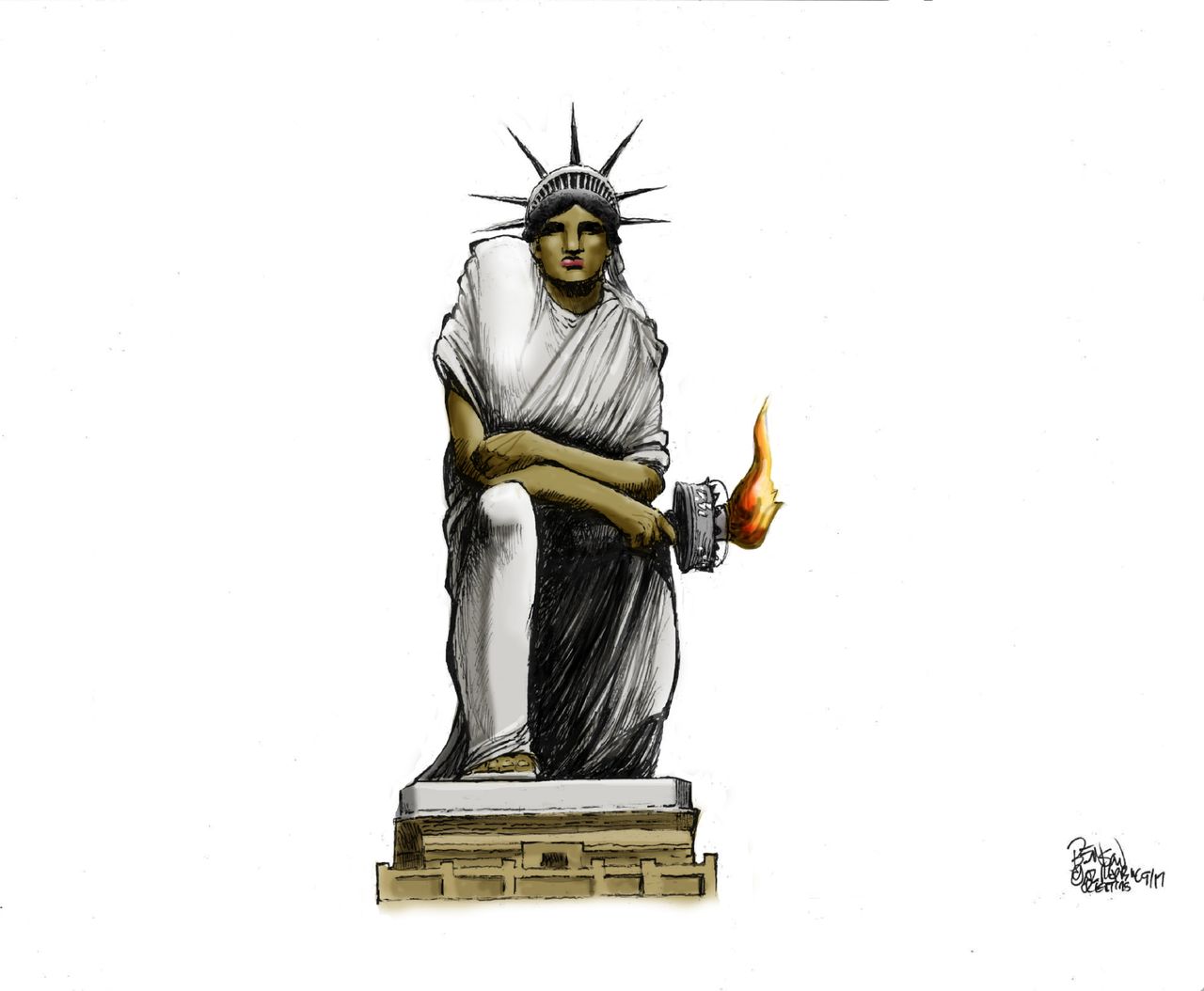 Political cartoon U.S. NFL kneeling Statue of Liberty