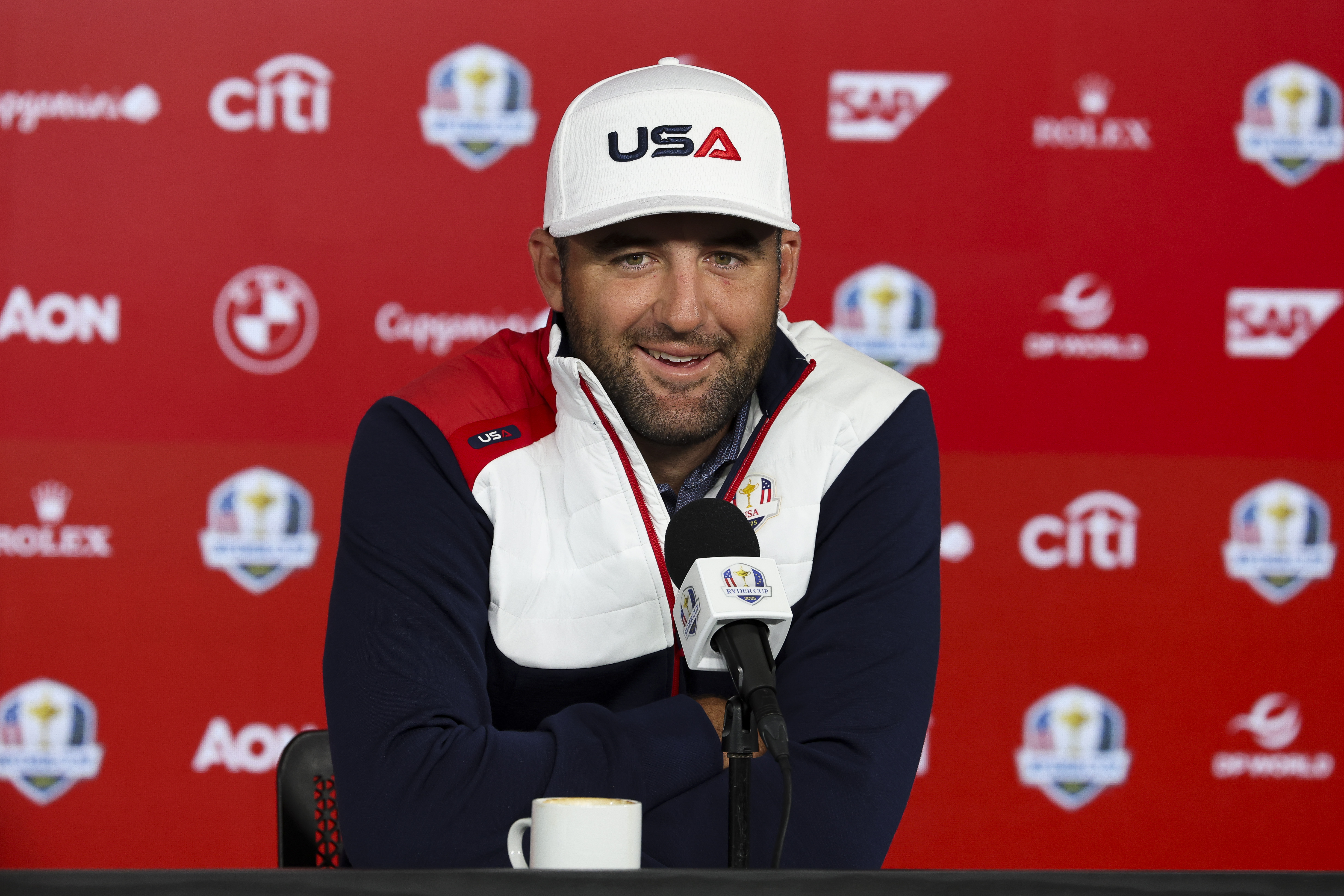 Scottie Scheffler speaks to the media prior to the 2025 Ryder Cup at Bethpage