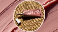 A frame of pink swatches of cream eyeshadow containing an image of RMS Beauty eye lights with its lid off on a rattan rug
