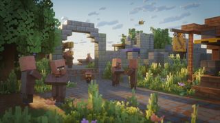 A group of Minecraft villagers mill about a peaceful town.