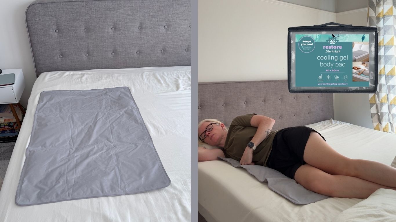 Woman laying in bed on top of a cooling gel pad
