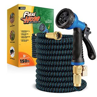 Flexi Hose With 8 Function Nozzle, Lightweight Expandable Garden Hose, No-Kink Flexibility, 3/4 Inch Solid Brass Fittings and Double Latex Core