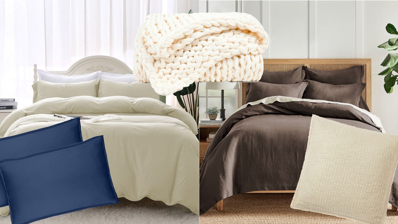 Collage of Bedding, Pillows, and Throw Blanket