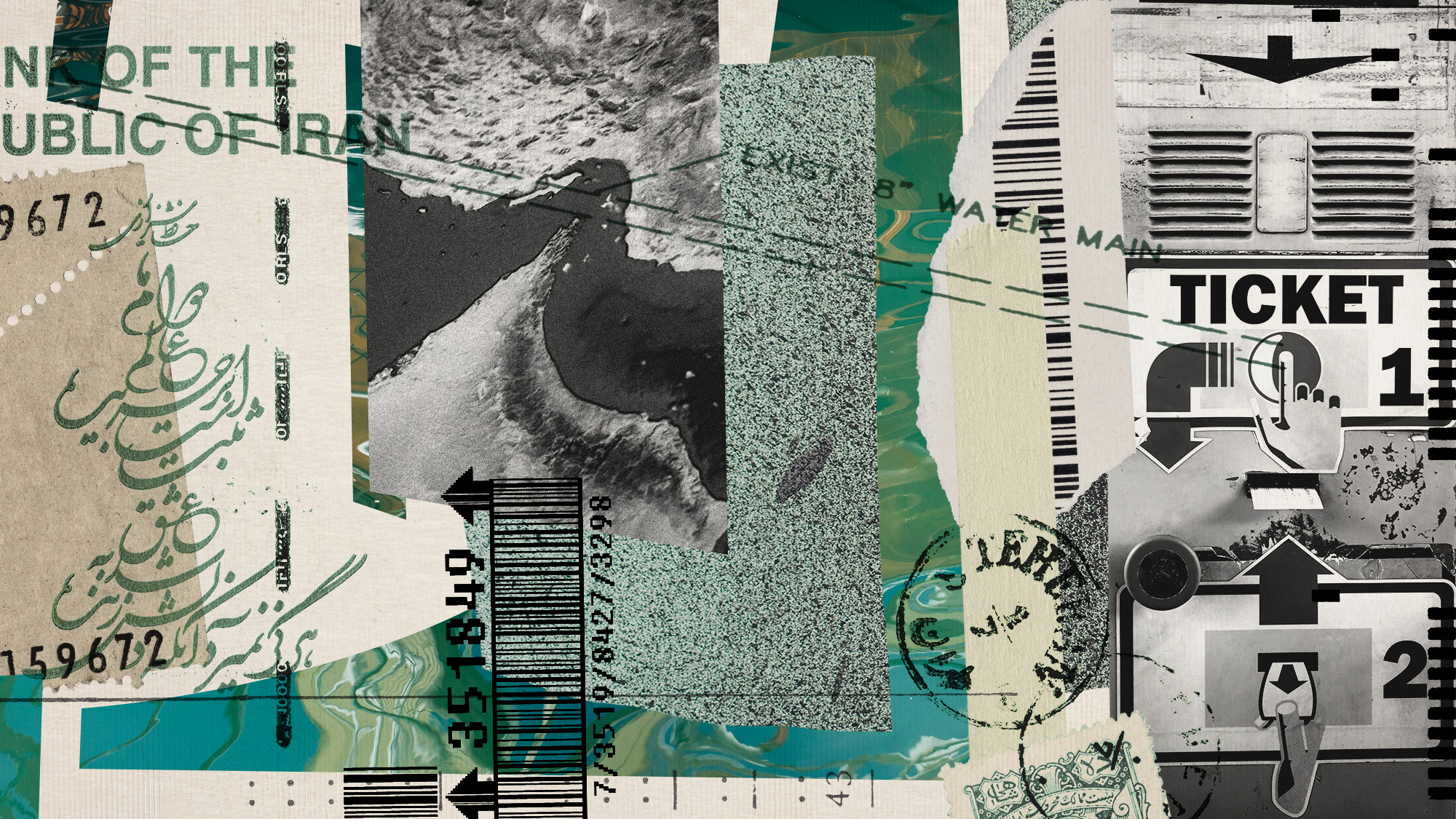 Photo collage of the Strait of Hormuz, toll booths, parking tickets, money, stubs and stamps