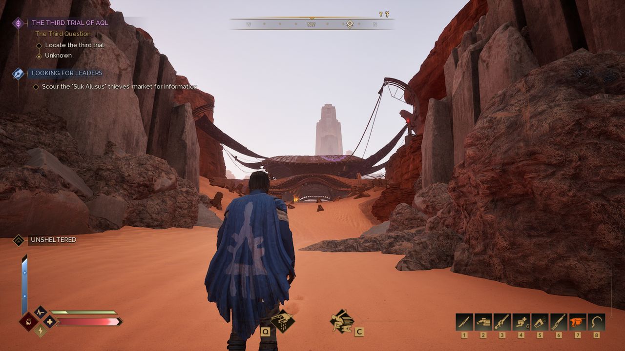 Dune: Awakening diamond dust locations - A player walking towards the Mysa Tarill outpost up a short hill.