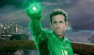 Green Lantern Ryan Reynolds aims his power ring in the air