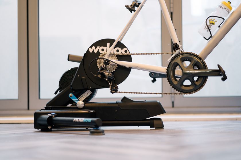 A close up of a wahoo kickr move indoor trainer
