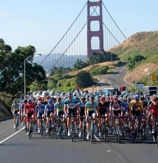 The peloton crossed the Golden Gate Bridge in San Francisco during the final stage of the 2013 Tour of California