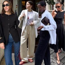 fashion collage of style influencers wearing elevated basics for 2026 like black shoes, blazers, relaxed pants, button-down shirts, and dresses