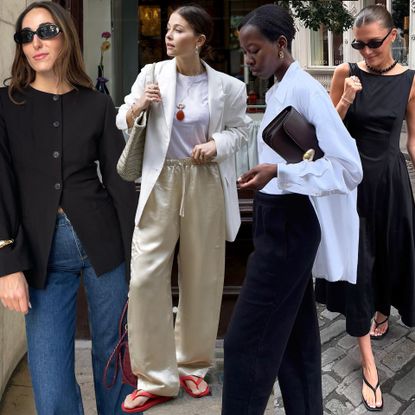 fashion collage of style influencers wearing elevated basics for 2026 like black shoes, blazers, relaxed pants, button-down shirts, and dresses