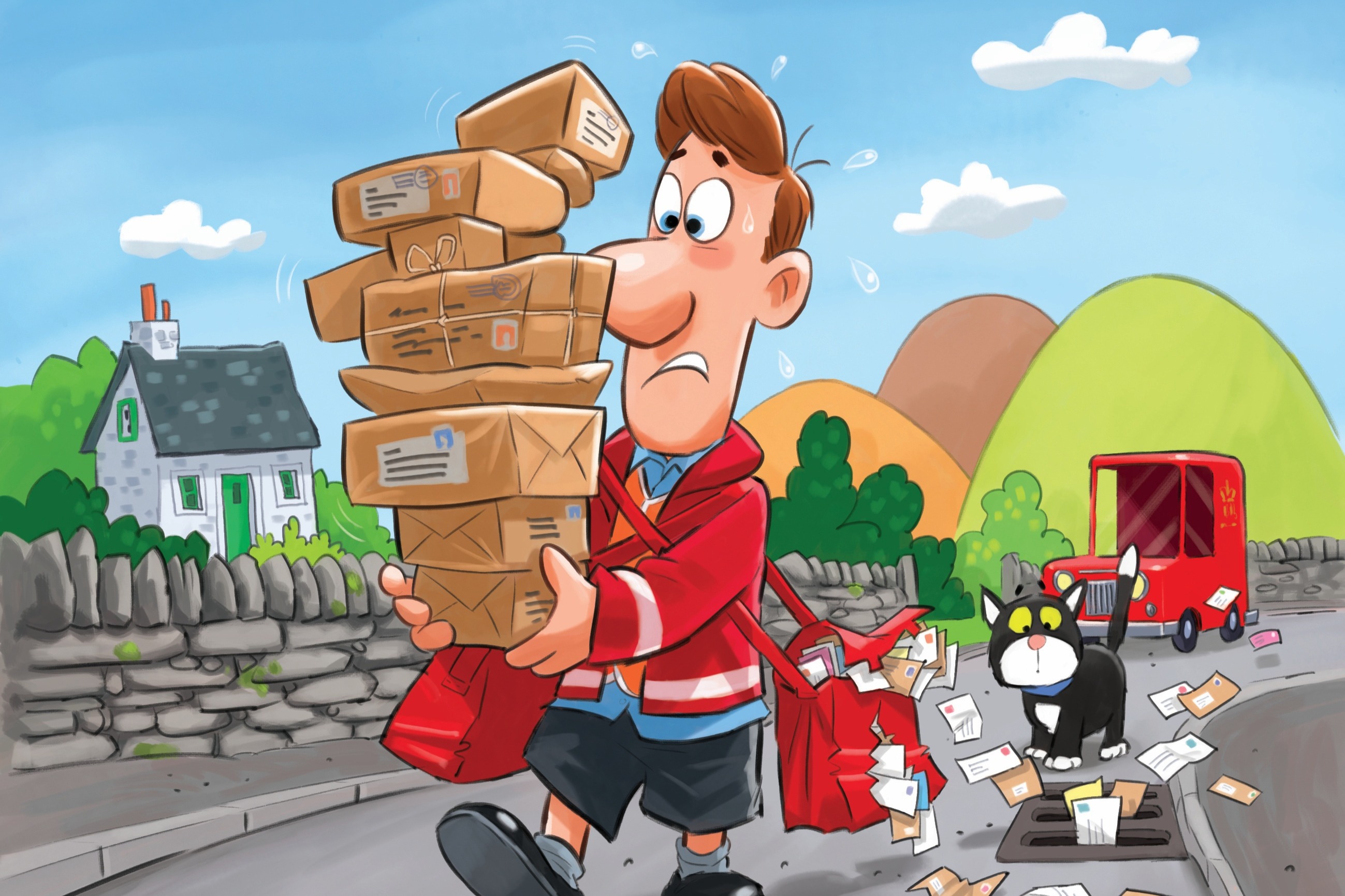 Royal Mail postal service cartoon - postman with a pile of parcels