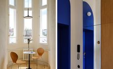 Two images. Left, a seating alcove with a round table, two chairs, a pendant light above next to three windows. Right, a blue arched doorway with a mirror on the wall next to it.