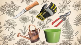 A selection of gardening tools on a patterned background.