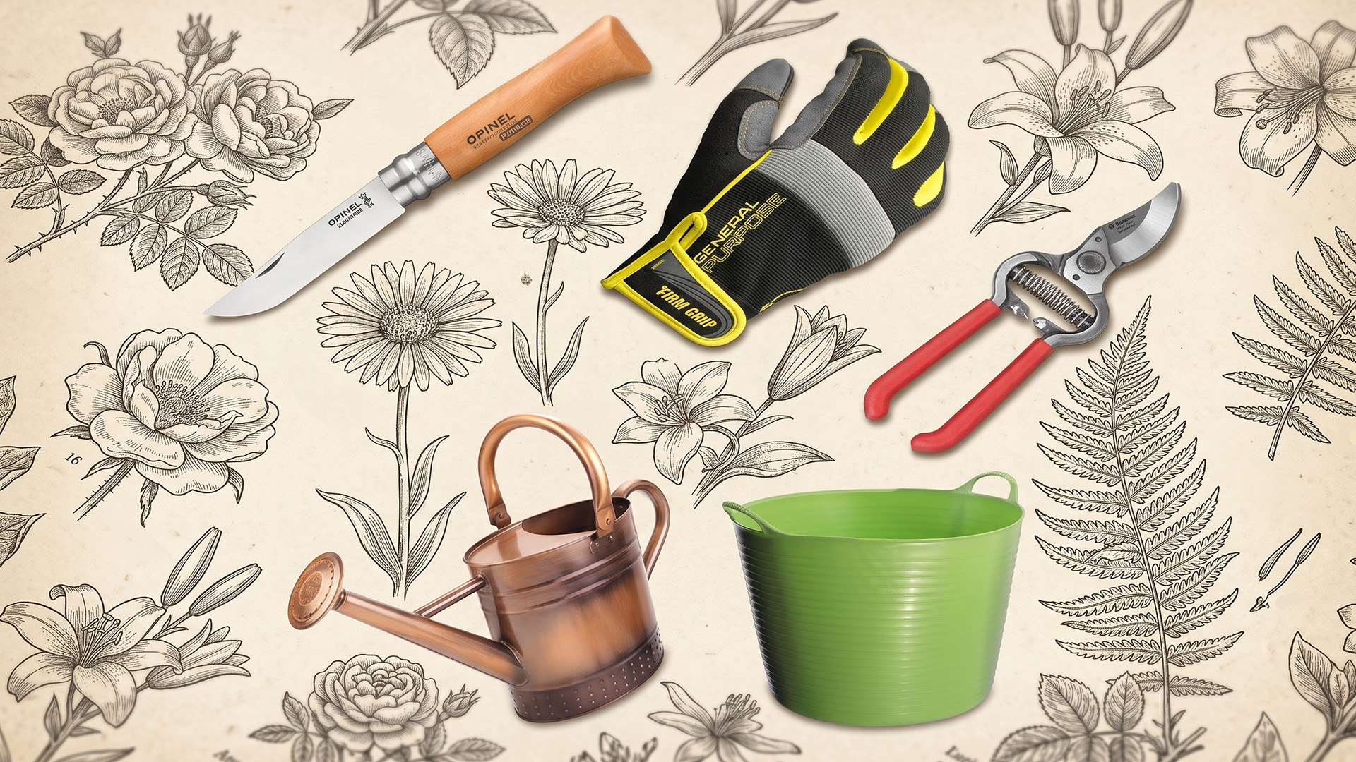 A selection of gardening tools on a patterned background.