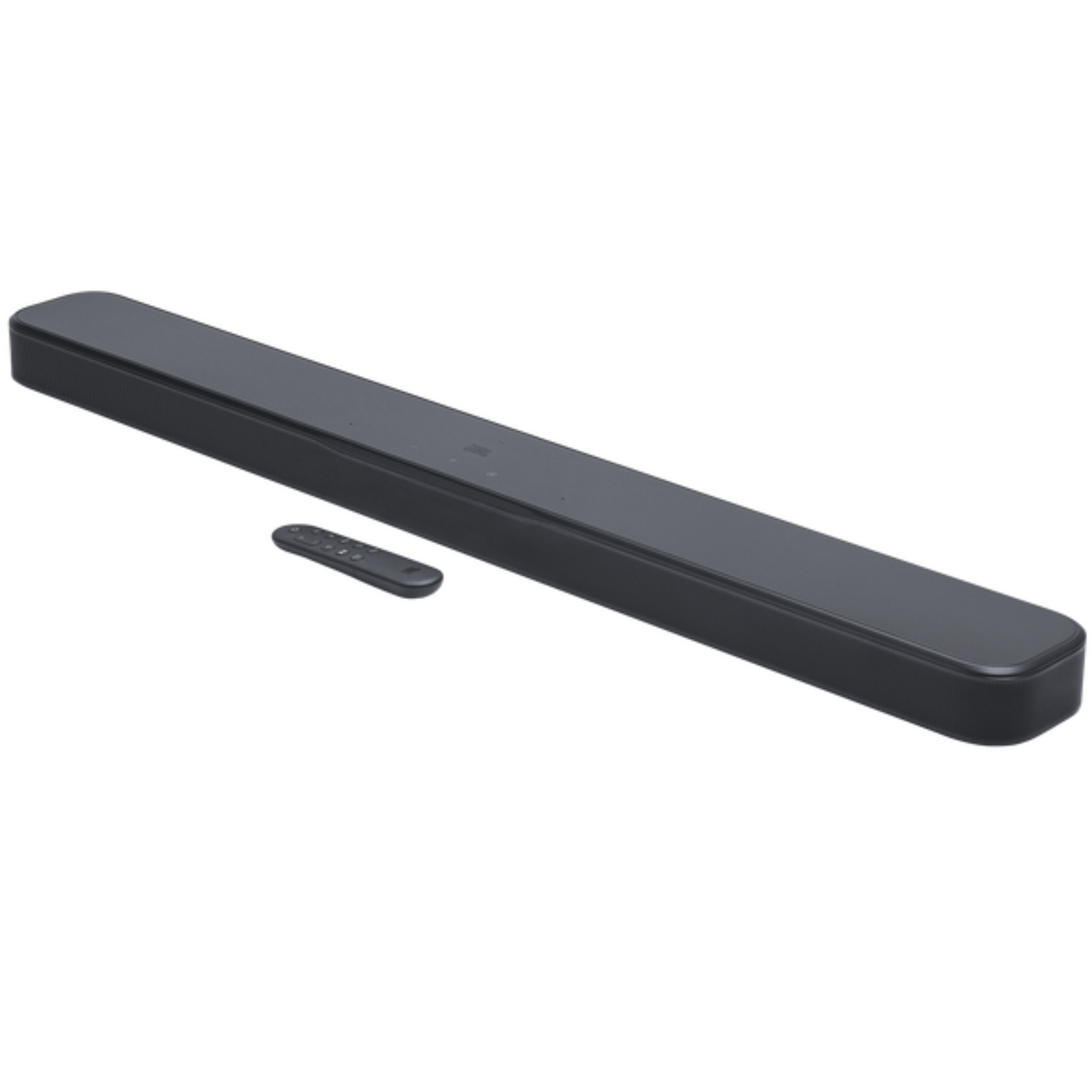 jbl bar 300mk2 on a white background with the remote control next to the bar.