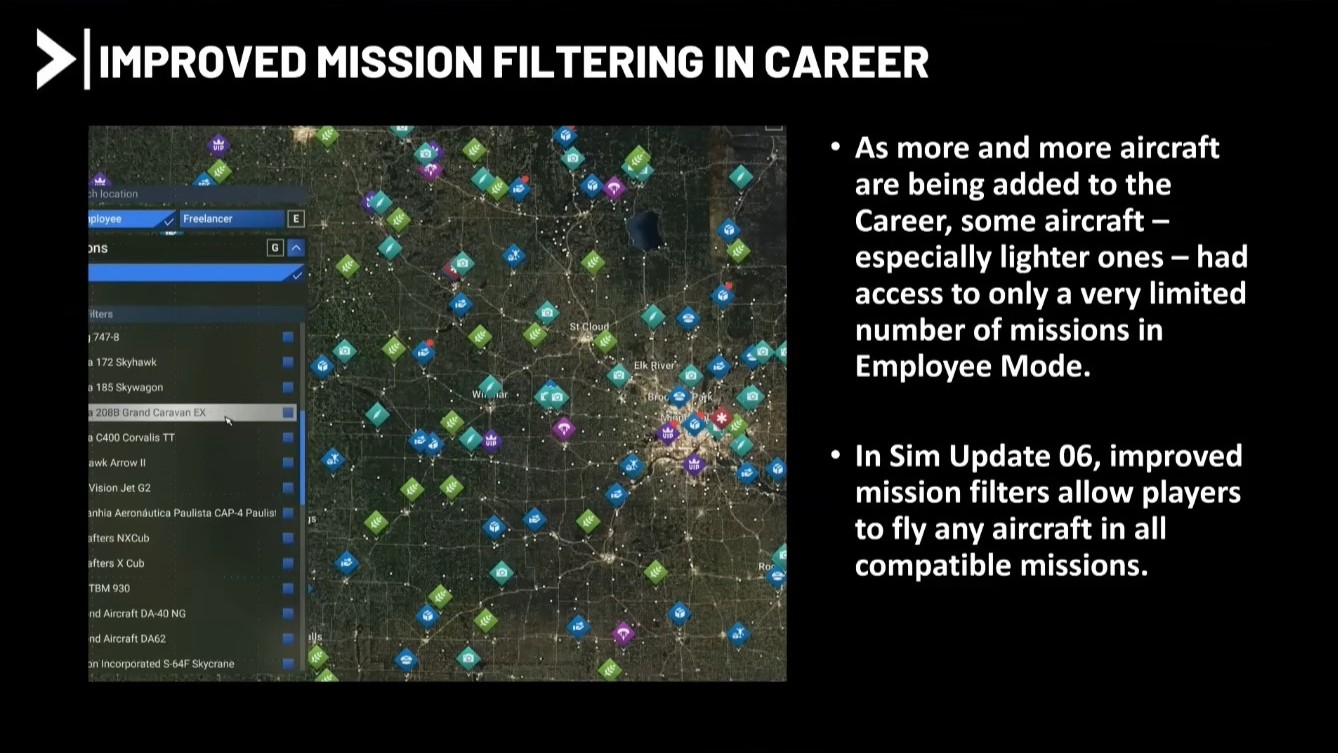 A screenshot from the Microsoft Flight Simulator 2024 presentation at FSExpo 2026 detailing Career mode changes in Sim Update 6