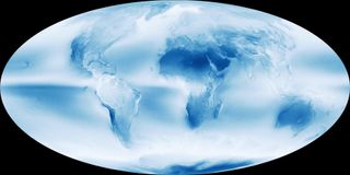 A map shows the global distribution of clouds over more than a decade, as seen by NASA's Aqua satellite.
