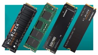 four SSDs on a green background