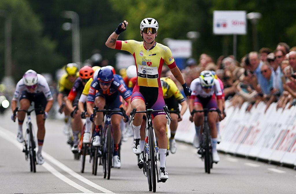 ZEEWOLDE, NETHERLANDS - SEPTEMBER 04: Lorena Wiebes of Netherlands and Team SD Worx - Protime - Yellow Leader Jersey celebrates at finish line as stage winner during the 27th Simac Ladies Tour 2025, Stage 3 a 160.1km stage from Zeewolde to Zeewolde / #UCIWWT / on September 04, 2025 in Zeewolde, Netherlands. (Photo by Luc Claessen/Getty Images)