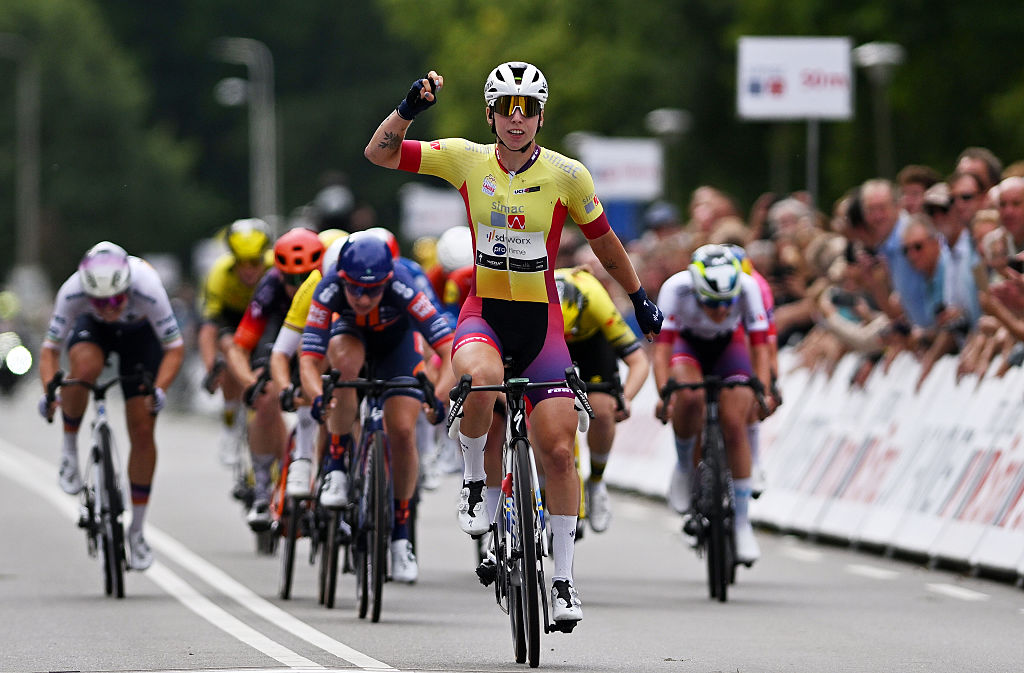 ZEEWOLDE, NETHERLANDS - SEPTEMBER 04: Lorena Wiebes of Netherlands and Team SD Worx - Protime - Yellow Leader Jersey celebrates at finish line as stage winner during the 27th Simac Ladies Tour 2025, Stage 3 a 160.1km stage from Zeewolde to Zeewolde / #UCIWWT / on September 04, 2025 in Zeewolde, Netherlands. (Photo by Luc Claessen/Getty Images)