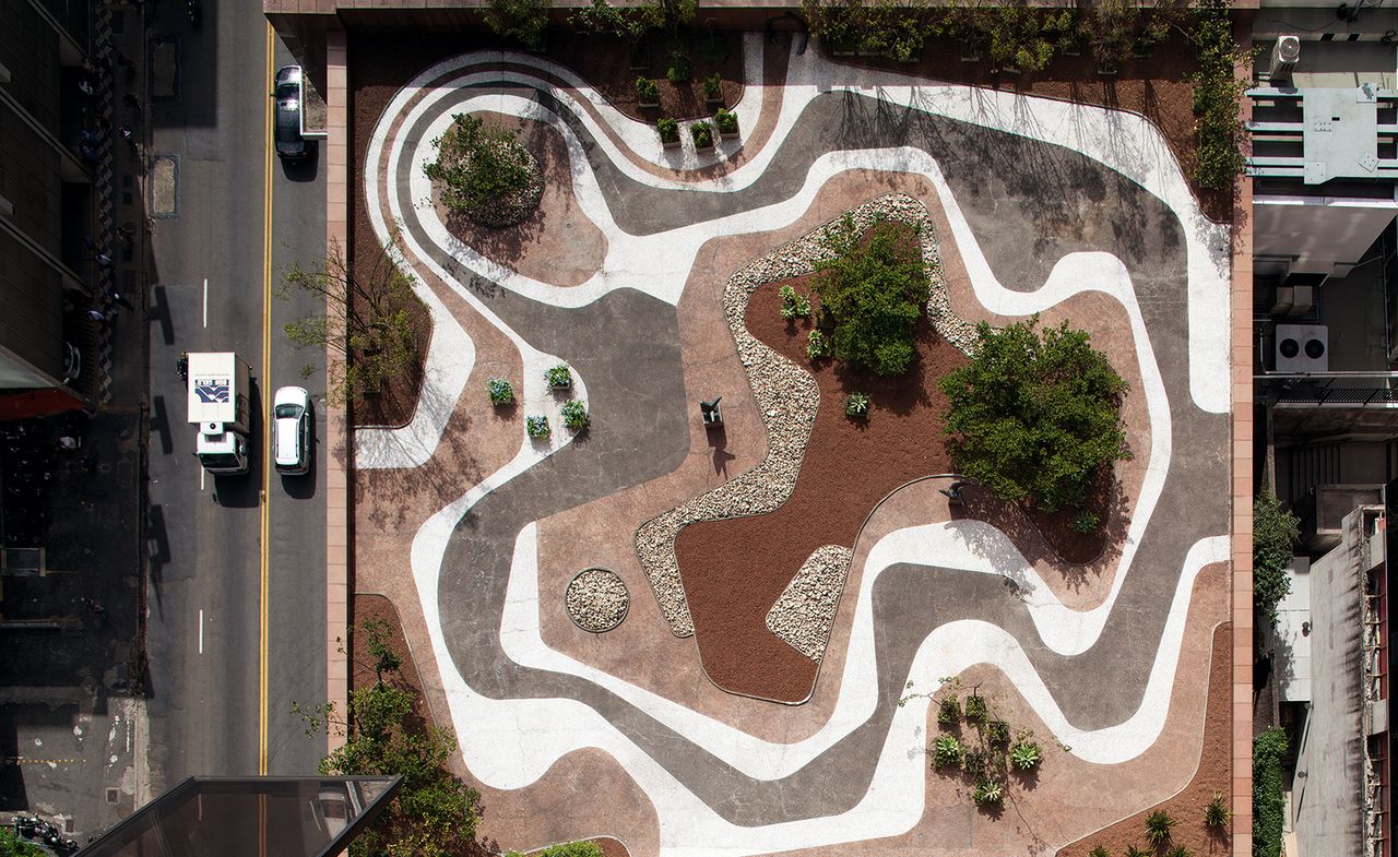 Birdseye view of a roof top garden