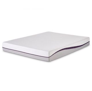 The Purple mattress shown with a white cover, grey base and a purple stripe running down the side