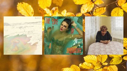 Album covers of 'Blight' by The Antlers, 'The Life of a Showgirl' by Taylor Swift, and 'Sad and Beautiful World' by Mavis Staples on a background of fall leaves