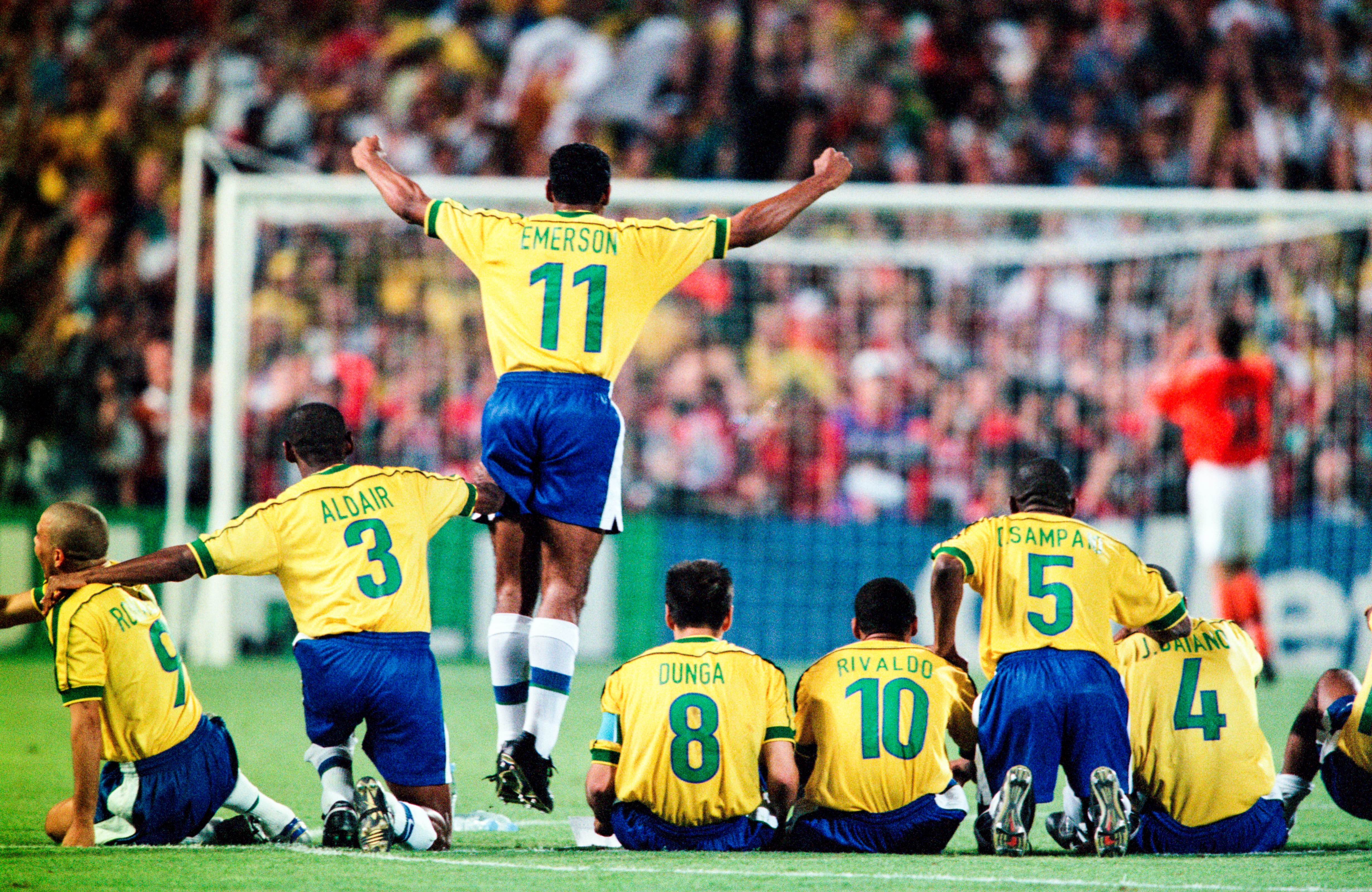 Brazil players react after the Netherlands miss a second penalty in the shootout in the teams' World Cup semi-final in 1998.