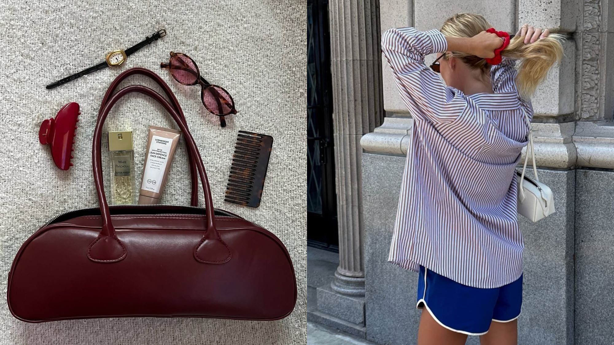 A split image of a beauty products coming out of a burgundy bag and a woman wearing an athleisure outfit and tying her hair back with a red scrunchie.