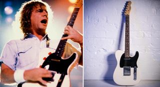 Rick Parfitt of Status Quo (left) plays his iconic 1969 Fender Telecaster onstage – on the right, one of his back-up Teles, which has gone up for sale 