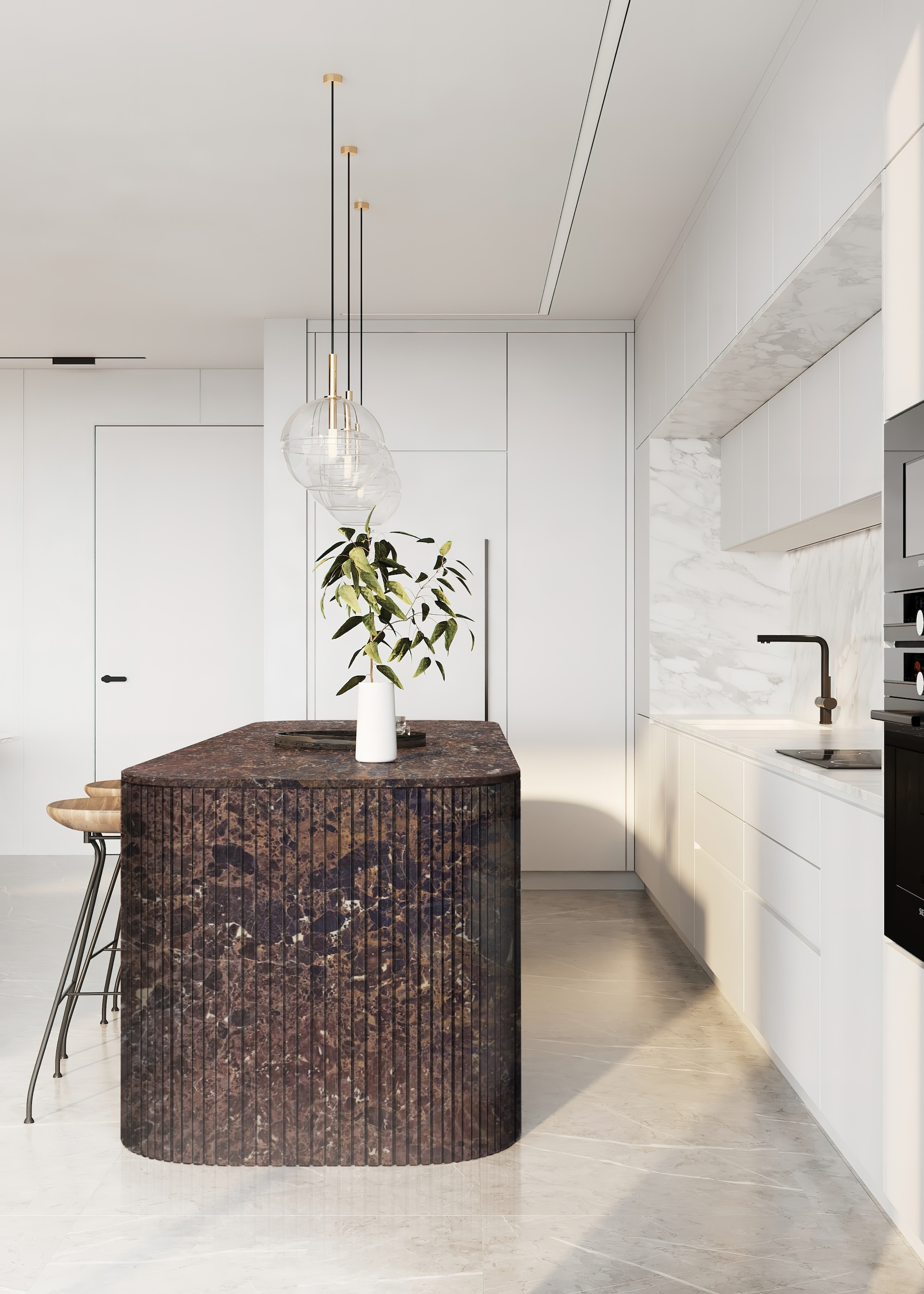 A large deep brown colored kitchen island with a small white vase and plants inside. Above the kitchen island are three hanging pendant lights.