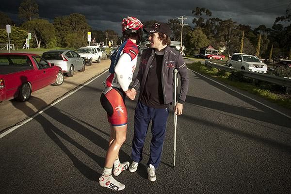 Cameron Peterson is congratulated by his Virgin Blue/RBS Morgans injured teammate, Rhys Gillett, after his win in Anakie.