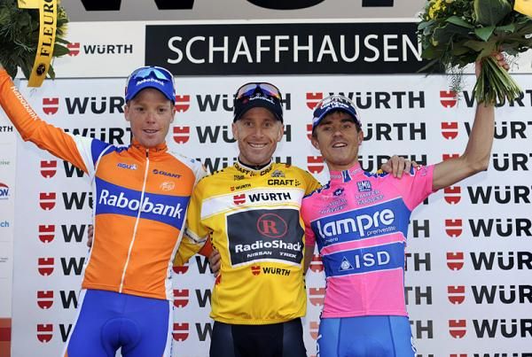 Tour de Suisse final podium (l-r): Steven Kruijswijk, 3rd; Levi Leipheimer, 1st; Damiano Cunego, 2nd