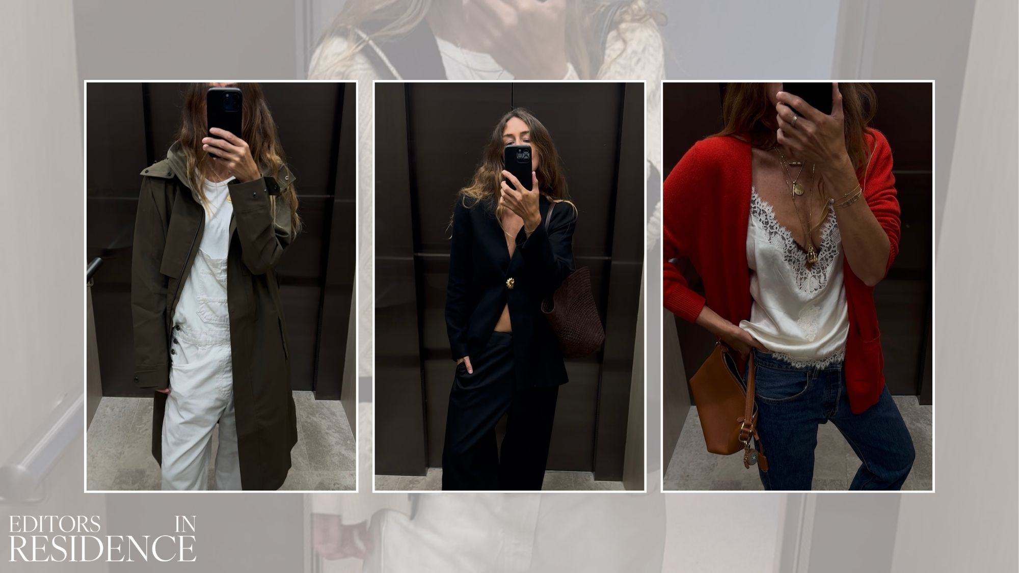 Woman wears khaki trench coat, white Tee, white jenas; woman wears black blazer, blacj trousers; woman wears lace top, red cardigan, blue jeans