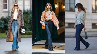 Image of three women wearing sweaters and bootcut jeans walking along the street to illustrate how to style bootcut jeans