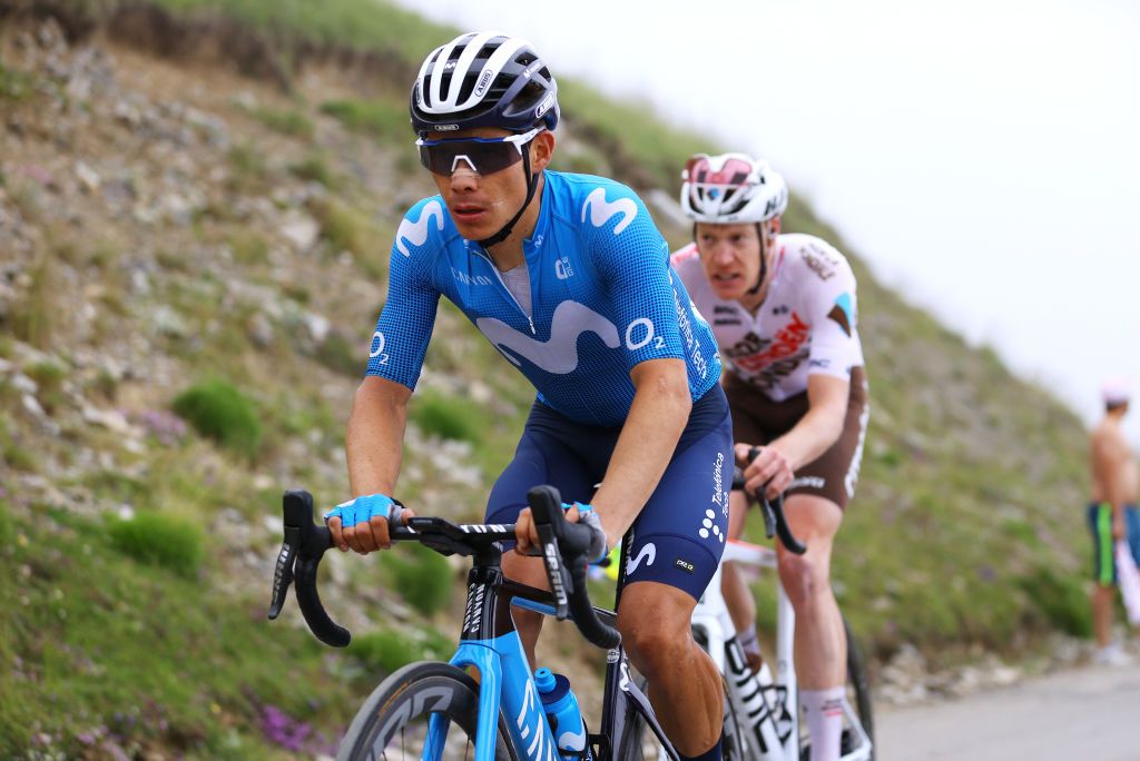 SAINTLARYSOULAN COL DU PORTET FRANCE JULY 14 Miguel ngel Lpez of Colombia and Movistar Team at Col du Portet 2215m during the 108th Tour de France 2021 Stage 17 a 1784km stage from Muret to SaintLarySoulan Col du Portet 2215m LeTour TDF2021 on July 14 2021 in SaintLarySoulan Col du Portet France Photo by Tim de WaeleGetty Images