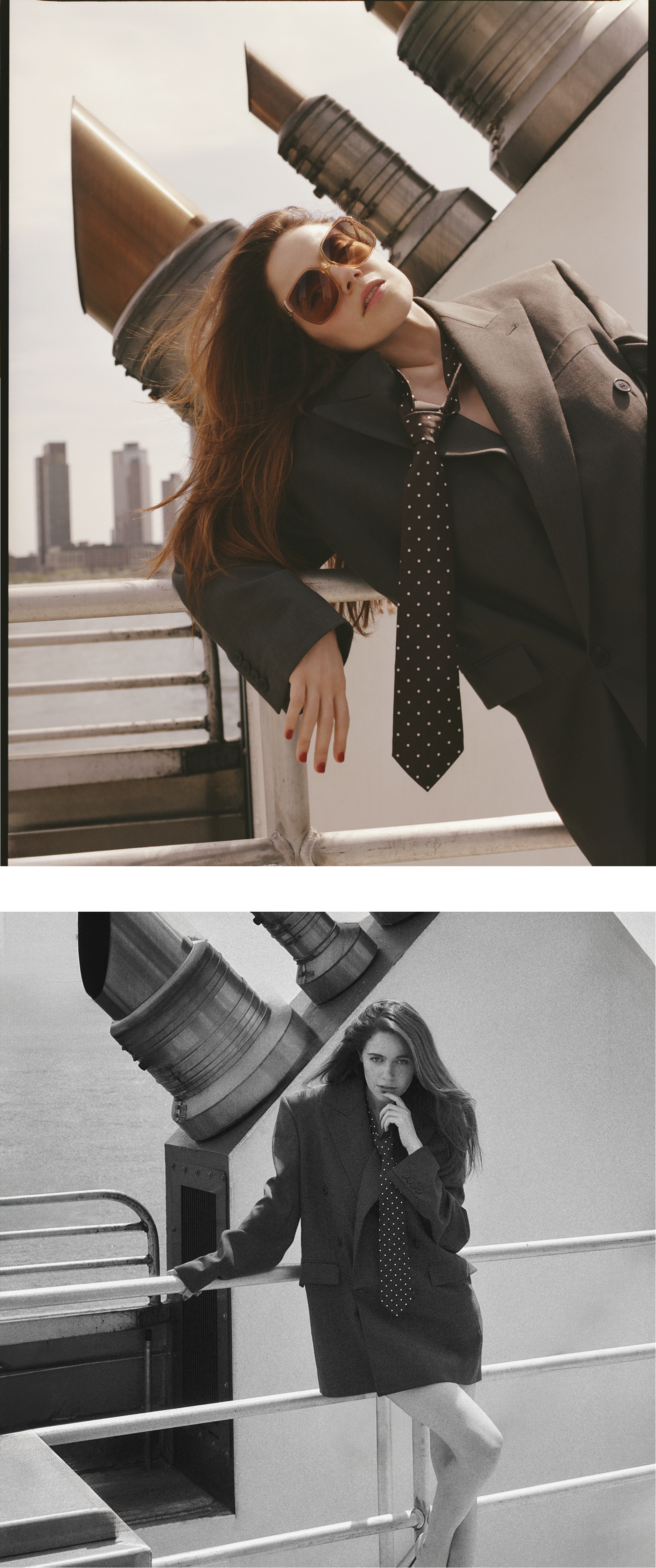 Molly Gordon on a ferry boat. She is wearing an oversize brown blazer with a tie by Saint Laurent and oversize Chloe sunglasses.
