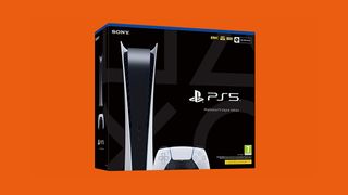 The package of the PS5 on an orange background. 
