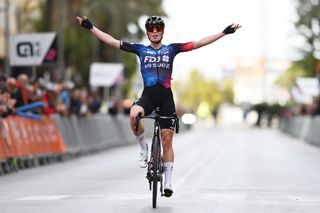 GANDIA SPAIN FEBRUARY 13 Demi Vollering of Netherlands and Team FDJ SUEZ celebrates at finish line as stage winner during the 9th Setmana Ciclista Volta Femenina de la Comunitat Valenciana 2025 Stage 1 a 112km stage from Alzira to Gandia on February 13 2025 in Gandia Spain Photo by Szymon GruchalskiGetty Images