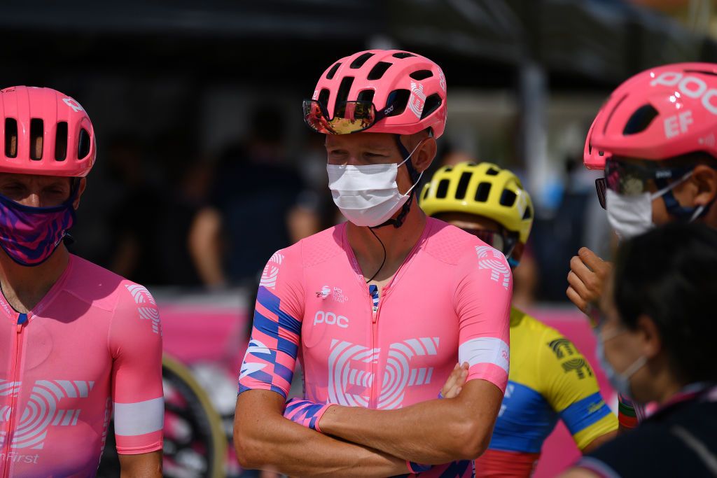 LIDODICAMAIORE ITALY SEPTEMBER 07 Start Magnus Cort of Denmark and Team EF Pro Cycling Mask Covid safety measures Team Presentation during the 55th TirrenoAdriatico 2020 Stage 1 a 133km stage from Lido di Camaiore to Lido di Camaiore TirrenAdriatico on September 07 2020 in Lido di Camaiore Italy Photo by Justin SetterfieldGetty Images