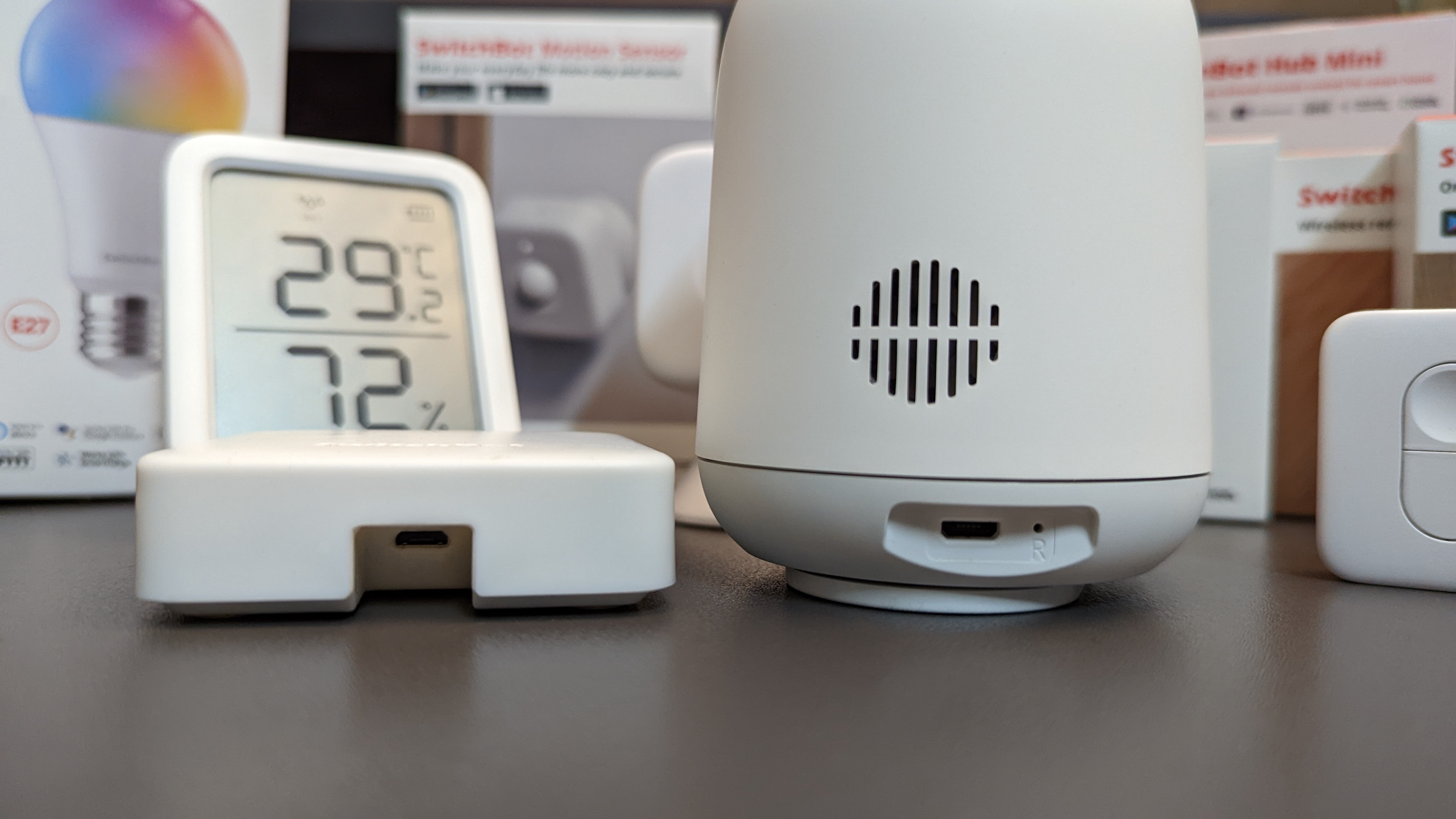 SwitchBot smart home products showcasing their Micro-USB ports