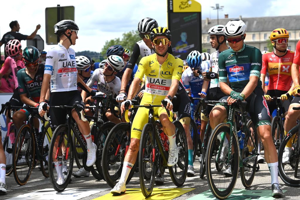 PAU FRANCE JULY 05 LR Tadej Pogacar of Slovenia and UAE Team Emirates White best young jersey Marc Soler of Spain and UAE Team Emirates Adam Yates of United Kingdom and UAE Team Emirates Yellow leader jersey Jasper Philipsen of Belgium and Team AlpecinDeceuninck Green points jersey prior to stage five of the 110th Tour de France 2023 a 1627km stage from Pau to Laruns UCIWT on July 05 2023 in Pau France Photo by Tim de WaeleGetty Images