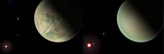 An artist's concept of a water-bearing exoplanet (left) compared with a dry exoplanet (right), both of which have oxygen-rich atmospheres. The red sphere represents the M-dwarf star around which the exoplanets orbit.