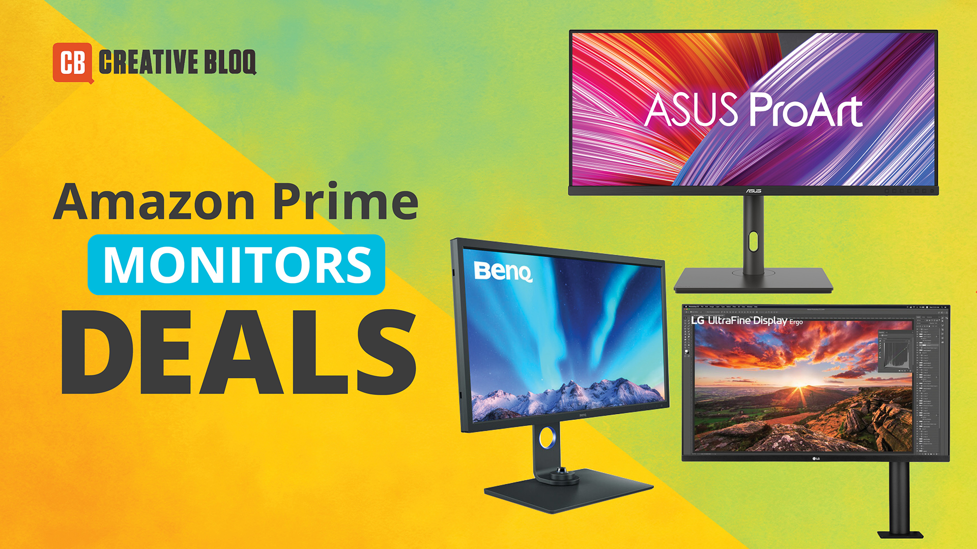 Two monitors, one horizontal and one vertical, next to the text, 'Prime Day monitor deals'.