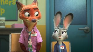 Nick and Judy looking at each other while in a support group meeting in Zootopia 2