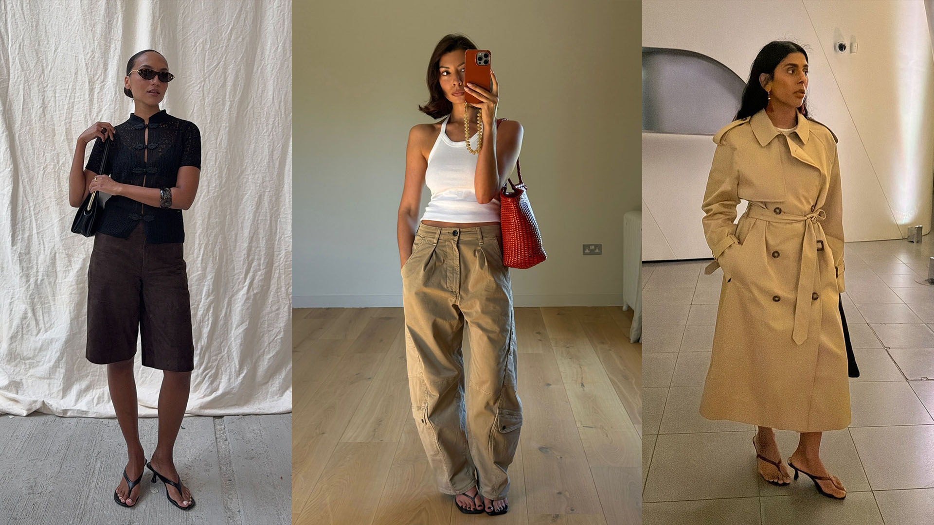 Collage of women wearing kitten-heel thong sandals.
